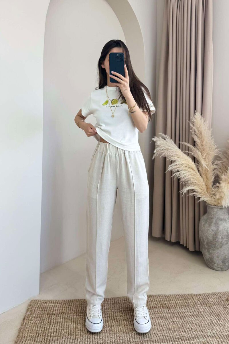LINEN ONE COLOR WOMAN TROUSERS CREAM/KREM - 1