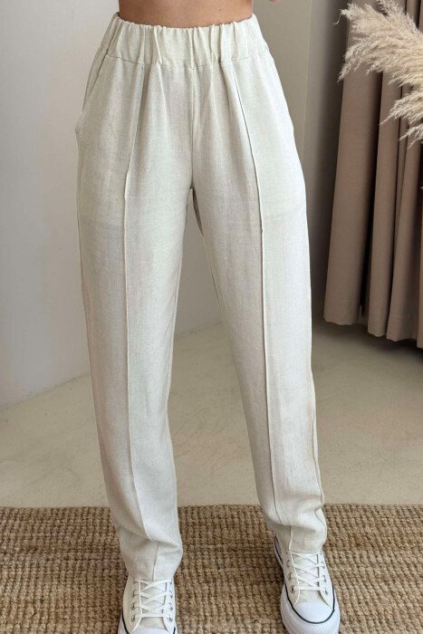 LINEN ONE COLOR WOMAN TROUSERS CREAM/KREM - 3
