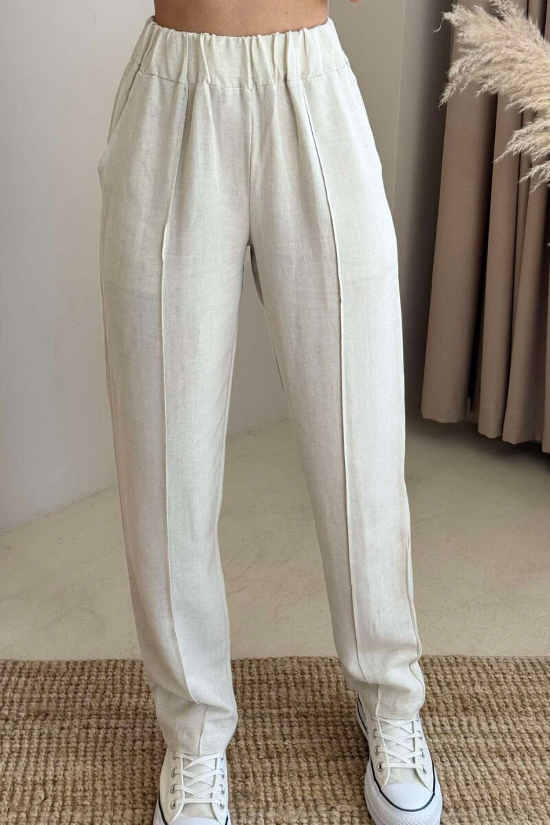 LINEN ONE COLOR WOMAN TROUSERS CREAM/KREM - 3