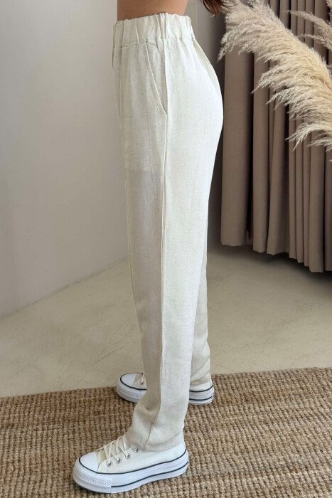 LINEN ONE COLOR WOMAN TROUSERS CREAM/KREM - 4