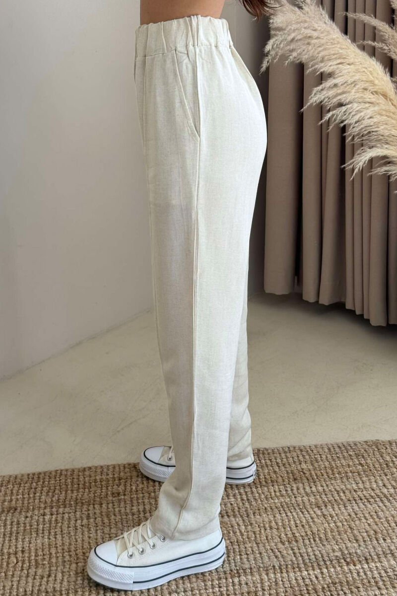 LINEN ONE COLOR WOMAN TROUSERS CREAM/KREM - 4