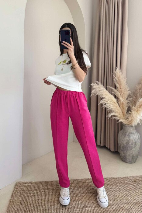 LINEN ONE COLOR WOMAN TROUSERS FUCHSIA/CIKLAMI - KLAUDIO FASHION