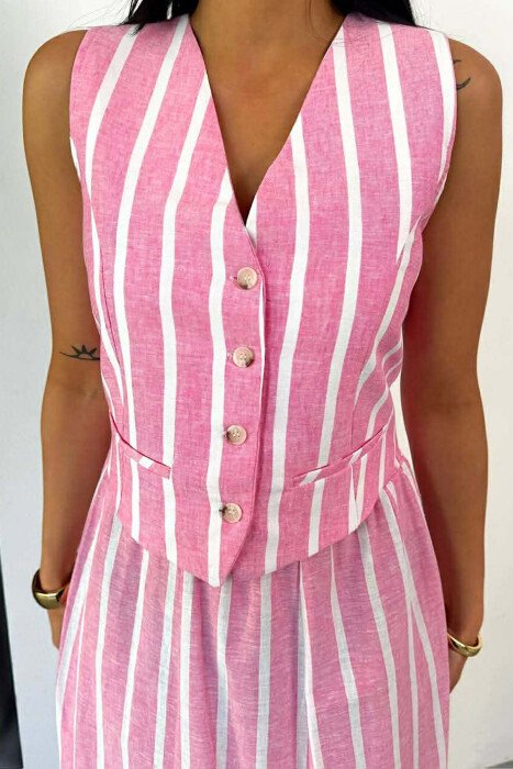 LINES BUTTONED VEST + LONG SKIRT WOMAN TWO PIECE SET PINK/ROZE - 2
