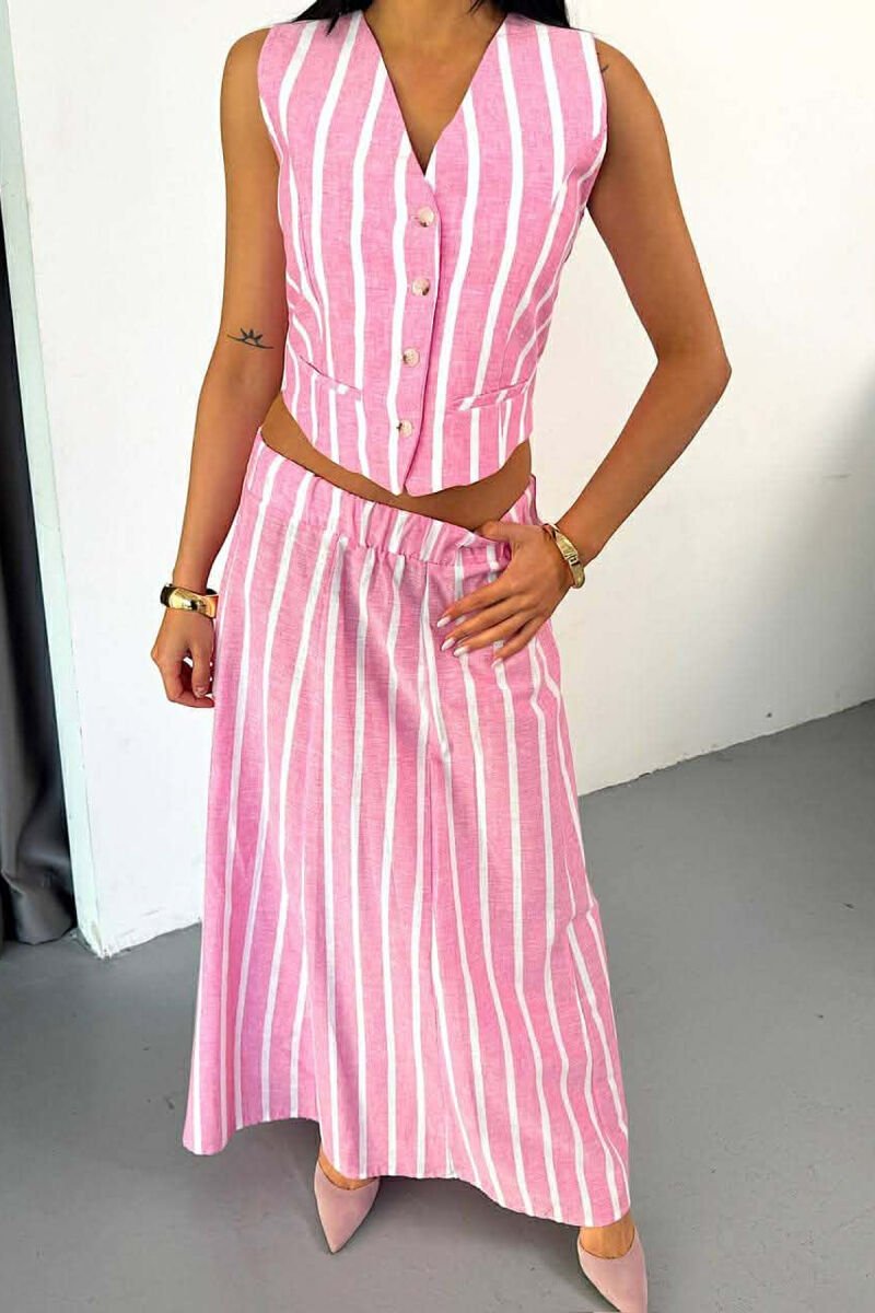 LINES BUTTONED VEST + LONG SKIRT WOMAN TWO PIECE SET PINK/ROZE - 3