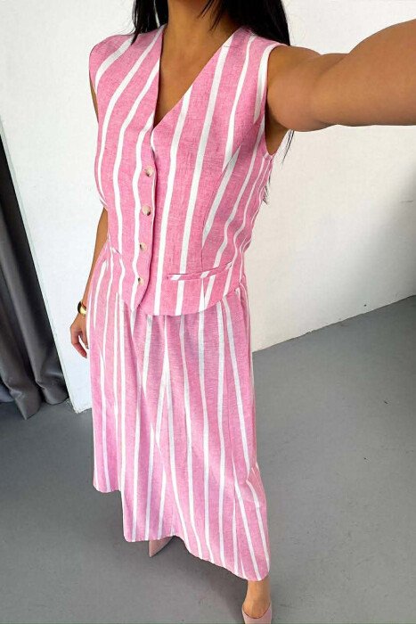 LINES BUTTONED VEST + LONG SKIRT WOMAN TWO PIECE SET PINK/ROZE - 4