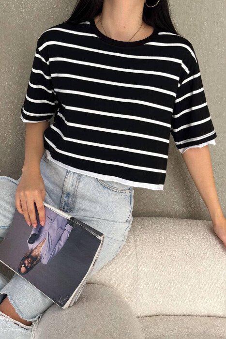 LINES COTTON WOMAN T-SHIRT BLACK-WHITE/ZB - KLAUDIO FASHION