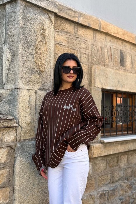 LINES DEIGN ROUND NECK WOMAN SWEATER BROWN/KAFE - 5