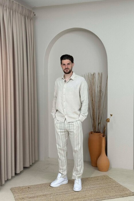 LINES DESIGN BELT DETAIL MEN PANTS BEIGE/BEZHE - KLAUDIO FASHION