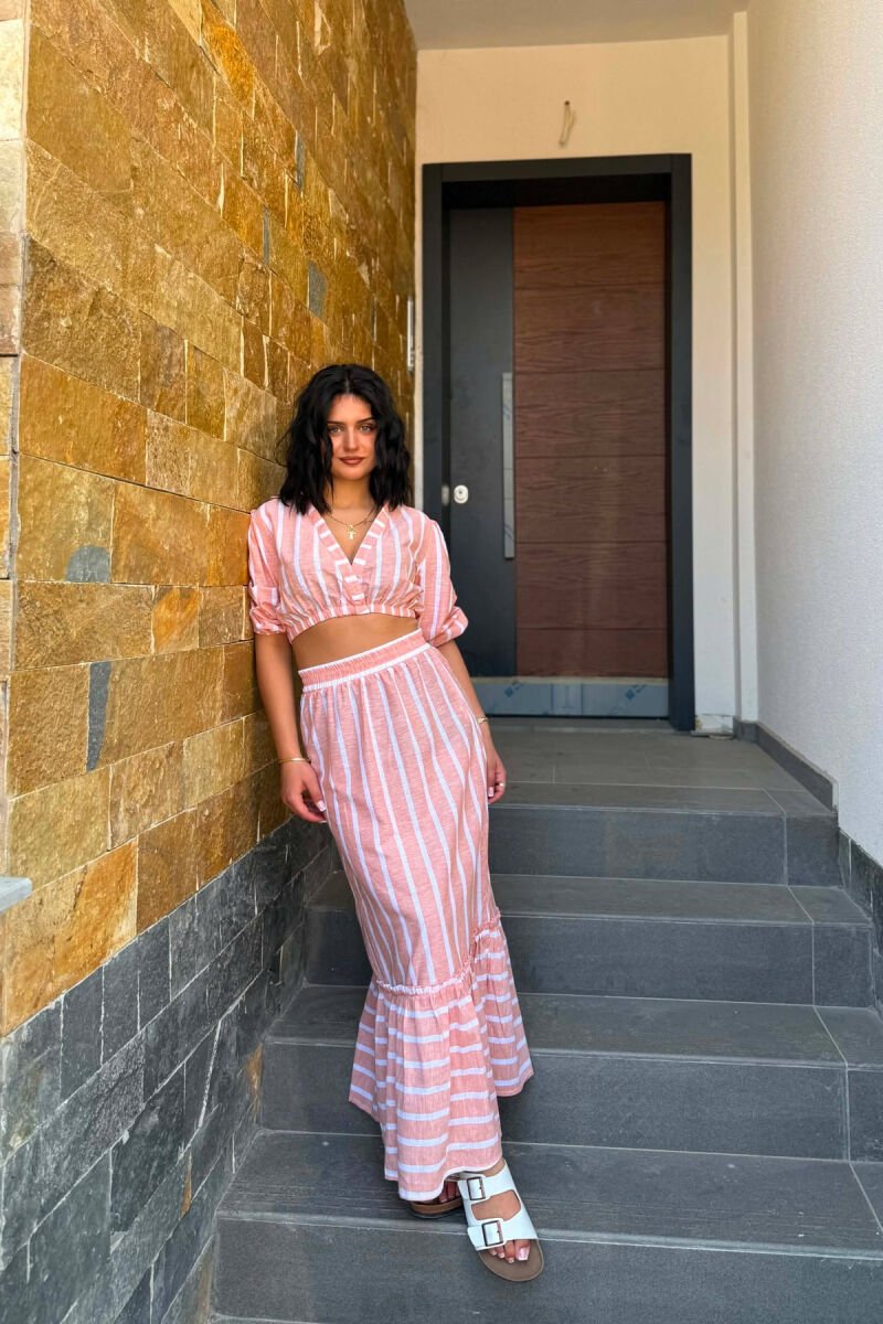 LINES DESIGN CROP TOP +SKIRT WOMAN TWO PIECE SET ORANGE/PORTOKALLI - 1