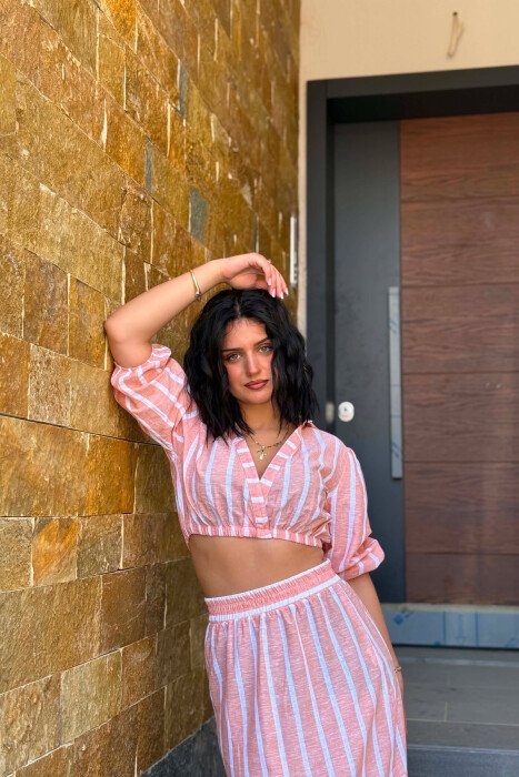 LINES DESIGN CROP TOP +SKIRT WOMAN TWO PIECE SET ORANGE/PORTOKALLI - 2
