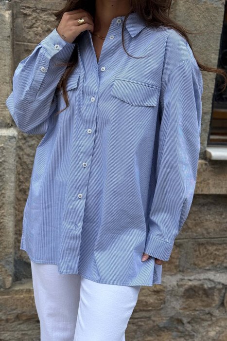 LINES DESIGN FRONT FAKE POCKETS WOMAN SHIRT LIGHTBLUE/BZ - 4