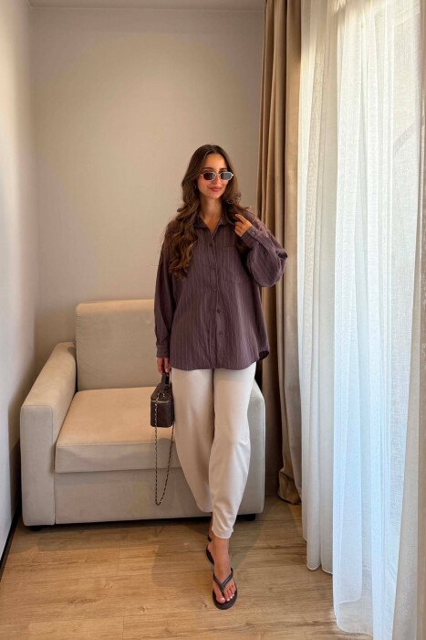 LINES DESIGN FRONT POCKET WOMAN SHIRT BROWN/KAFE - KLAUDIO FASHION
