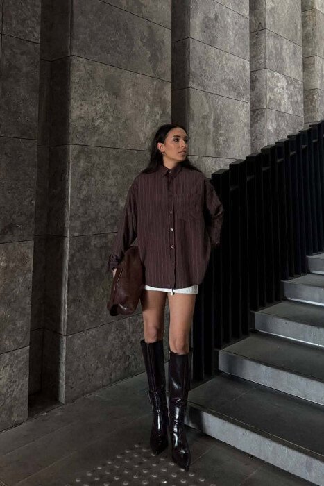 LINES DESIGN FRONT POCKET WOMAN SHIRT BROWN/KAFE - KLAUDIO FASHION