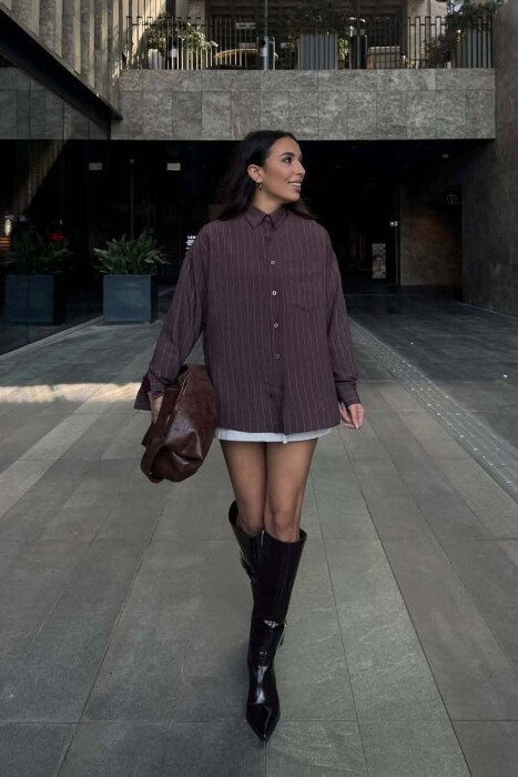 LINES DESIGN FRONT POCKET WOMAN SHIRT BROWN/KAFE - 2