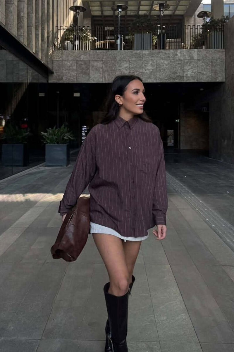 LINES DESIGN FRONT POCKET WOMAN SHIRT BROWN/KAFE - 4