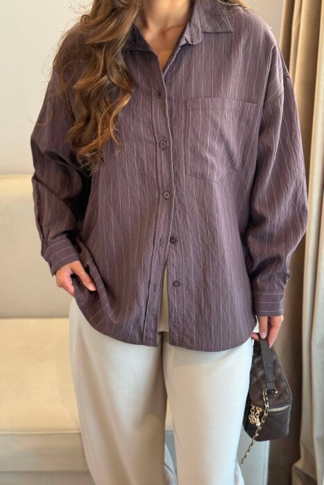 LINES DESIGN FRONT POCKET WOMAN SHIRT BROWN/KAFE - 3