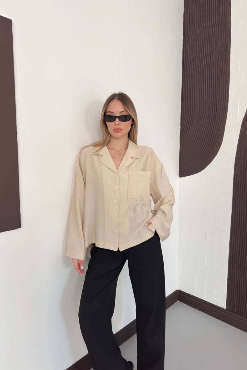 LINES DESIGN FRONT POCKET WOMAN SHIRT CREAM/KREM - 1