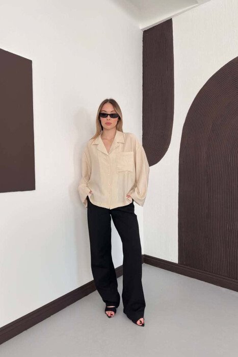 LINES DESIGN FRONT POCKET WOMAN SHIRT CREAM/KREM - 2