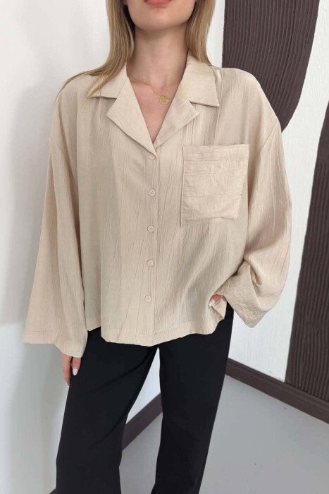 LINES DESIGN FRONT POCKET WOMAN SHIRT CREAM/KREM - 3