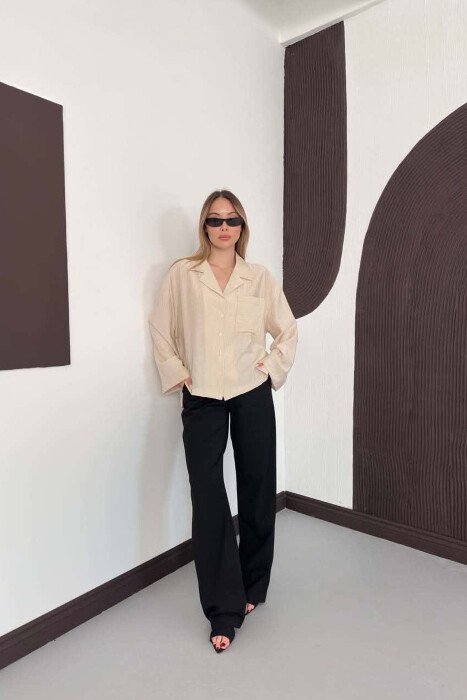 LINES DESIGN FRONT POCKET WOMAN SHIRT CREAM/KREM - 4