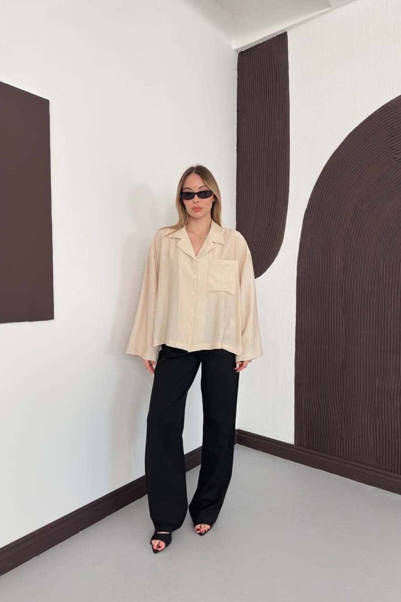 LINES DESIGN FRONT POCKET WOMAN SHIRT CREAM/KREM - 5