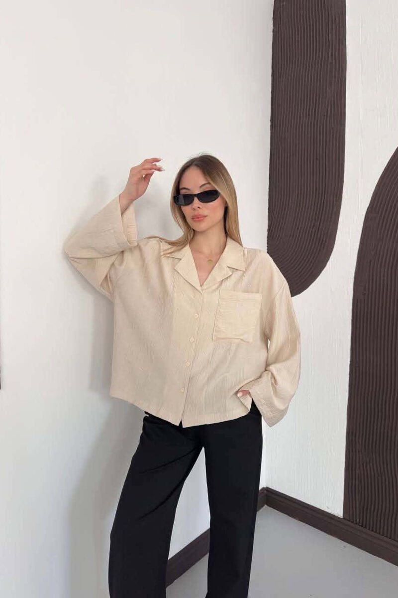 LINES DESIGN FRONT POCKET WOMAN SHIRT CREAM/KREM - 6
