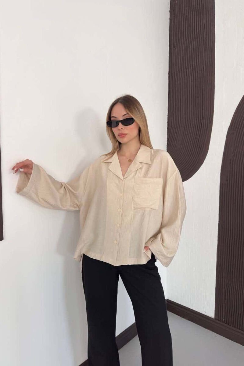 LINES DESIGN FRONT POCKET WOMAN SHIRT CREAM/KREM - 7