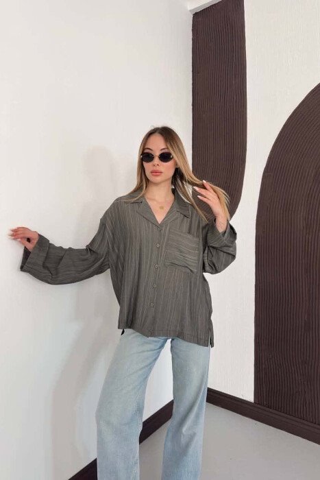LINES DESIGN FRONT POCKET WOMAN SHIRT GREY/GRI - KLAUDIO FASHION