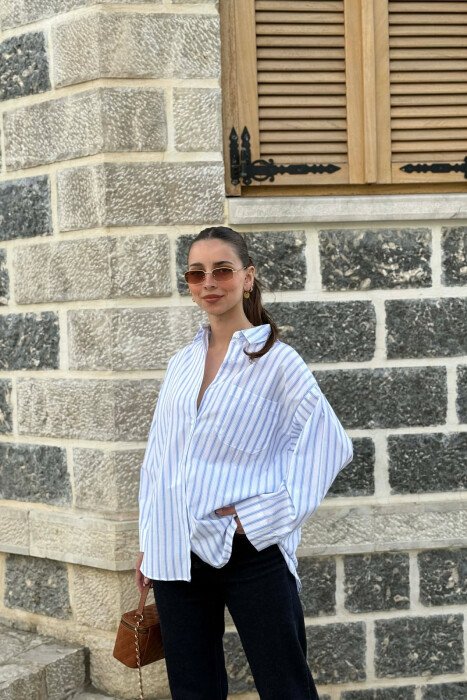 LINES DESIGN FRONT POCKET WOMAN SHIRT WHITE-BLUE/BABL - 1