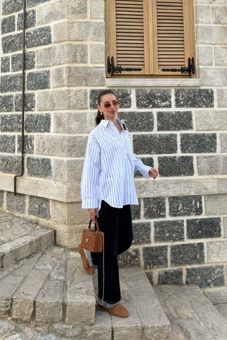 LINES DESIGN FRONT POCKET WOMAN SHIRT WHITE-BLUE/BABL - 2