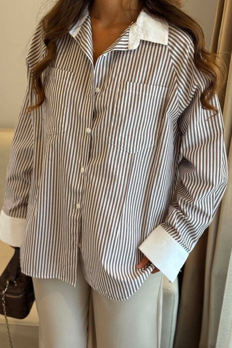 LINES DESIGN FRONT POCKETS WOMAN SHIRT BROWN/KAFE - 3
