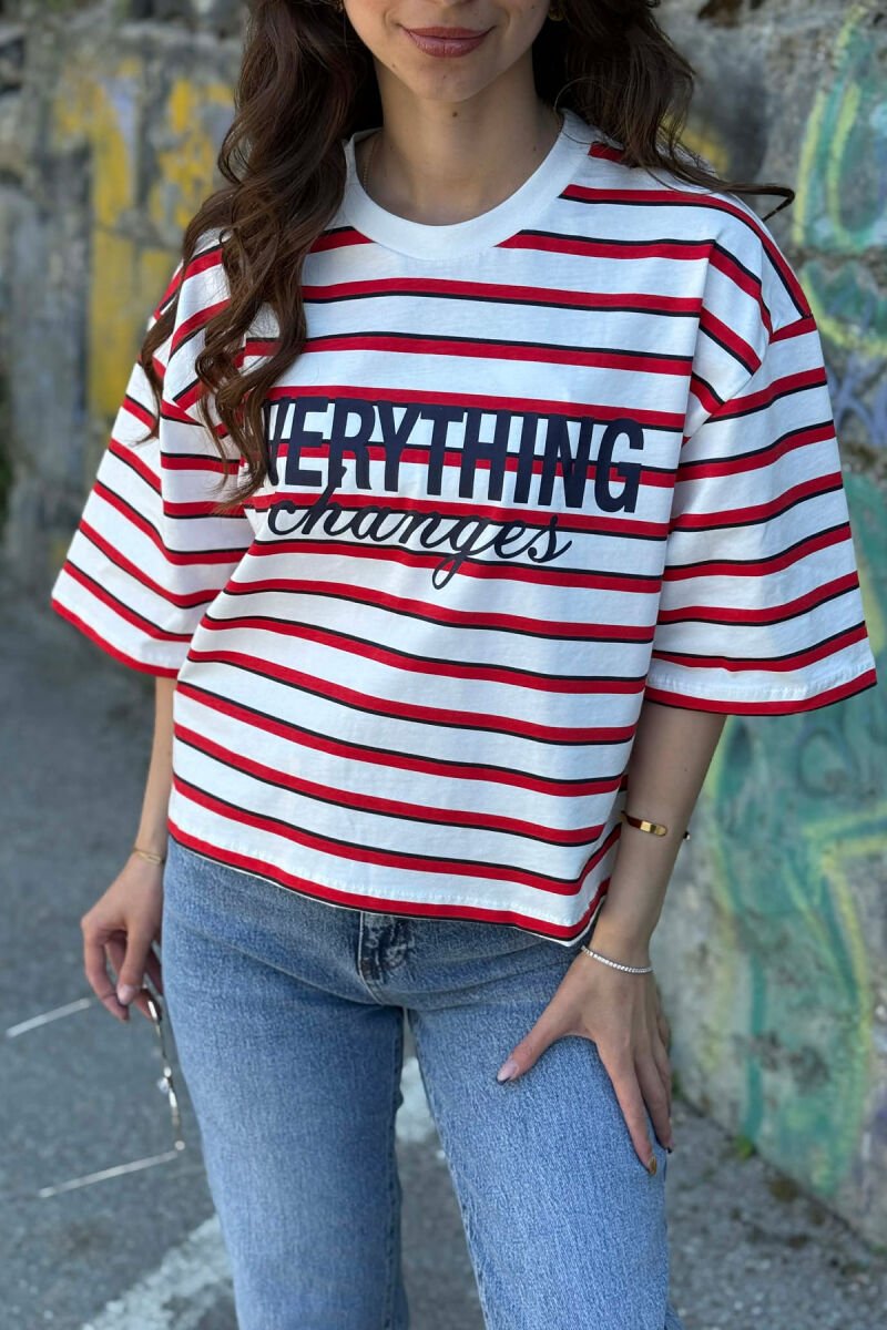 LINES DESIGN FRONT WRITTINGS WOMAN T-SHIRT WHITE-RED/BAKU - 5