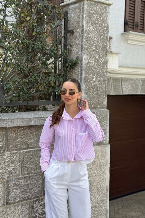 LINES DESIGN ONE FRONT POCKET WOMAN SHIRT WHITE-PINK/BARO - KLAUDIO FASHION