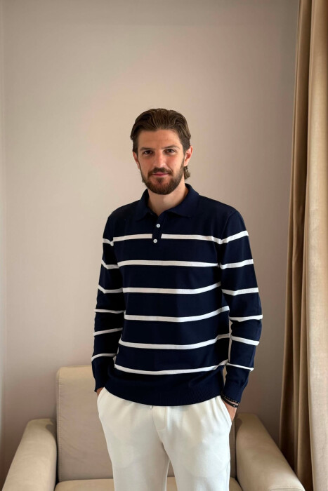 LINES DESIGN POLO NECK MEN SWEATER BLUE/BLU - KLAUDIO FASHION