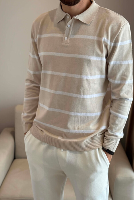 LINES DESIGN POLO NECK MEN SWEATER CREAM/KREM - 2