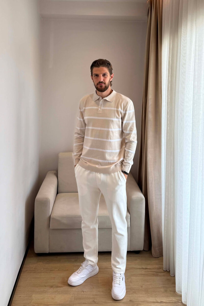 LINES DESIGN POLO NECK MEN SWEATER CREAM/KREM - 4