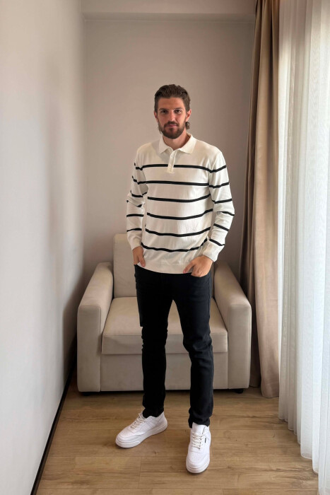 LINES DESIGN POLO NECK MEN SWEATER WHITE-E BARDHE - 4