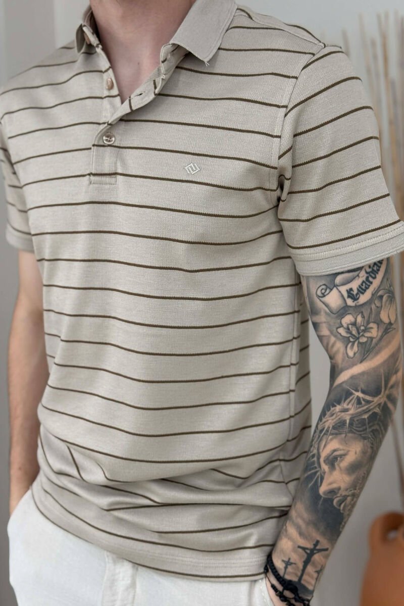LINES DESIGN POLO NECK MEN T-SHIRT BEIGE/BEZHE - 4