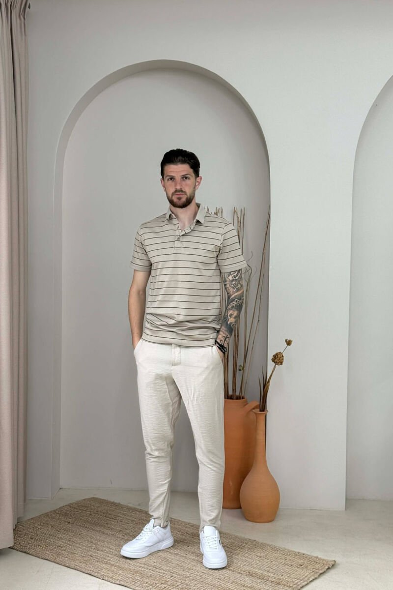 LINES DESIGN POLO NECK MEN T-SHIRT BEIGE/BEZHE - 5
