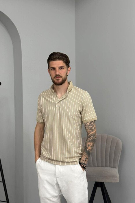 LINES DESIGN POLO NECK MEN T-SHIRT BEIGE/BEZHE - 1