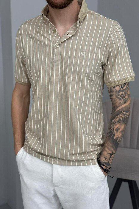 LINES DESIGN POLO NECK MEN T-SHIRT BEIGE/BEZHE - 2