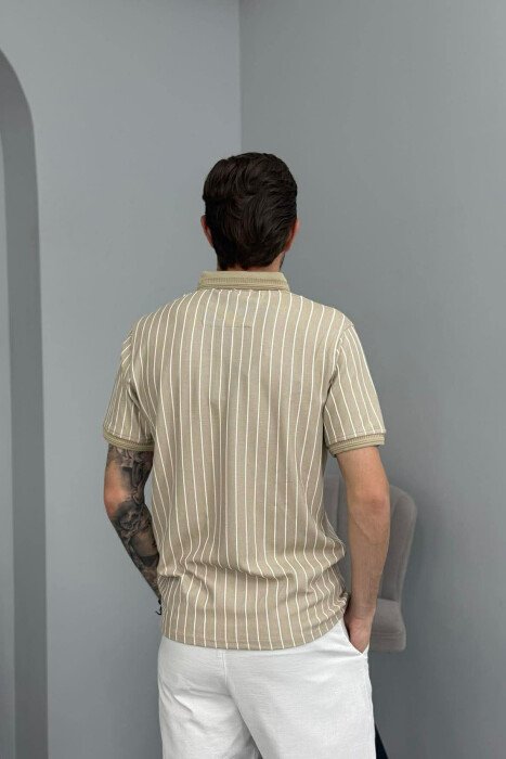 LINES DESIGN POLO NECK MEN T-SHIRT BEIGE/BEZHE - 3