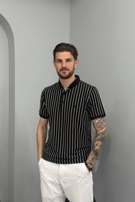 LINES DESIGN POLO NECK MEN T-SHIRT BLACK/ E ZEZE - 1