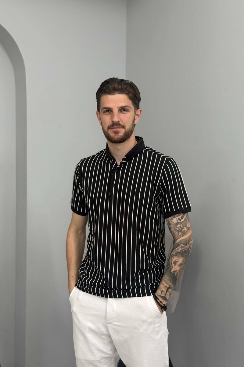 LINES DESIGN POLO NECK MEN T-SHIRT BLACK/ E ZEZE - 1