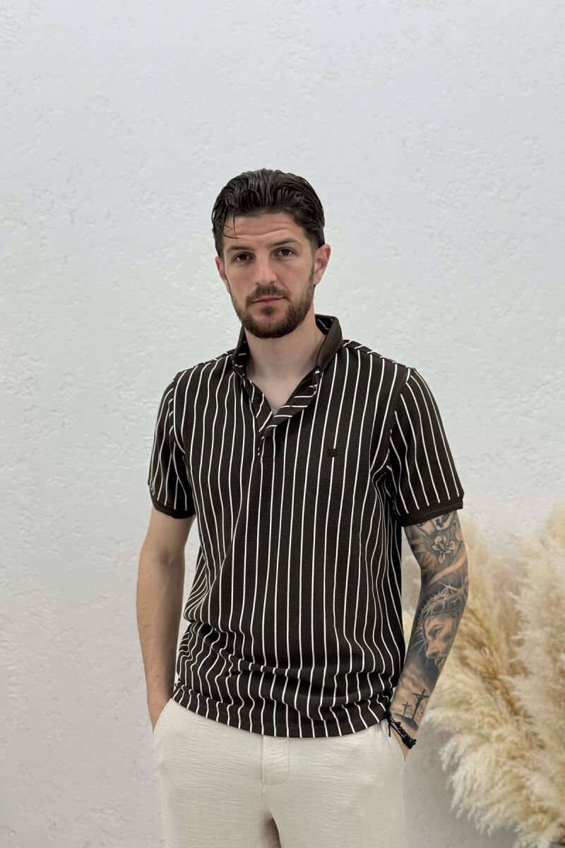 LINES DESIGN POLO NECK MEN T-SHIRT BROWN/KAFE - 1
