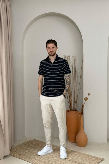 LINES DESIGN POLO NECK MEN T-SHIRT DARK BLUE/BEE - 2