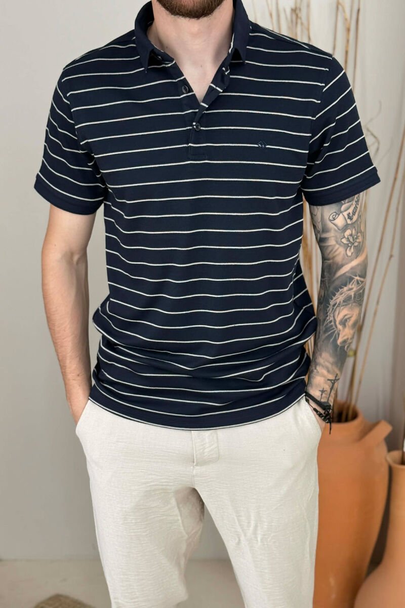 LINES DESIGN POLO NECK MEN T-SHIRT DARK BLUE/BEE - 5