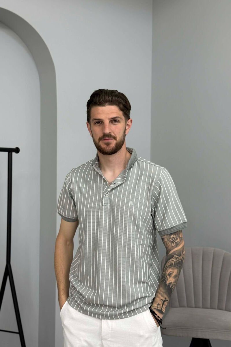 LINES DESIGN POLO NECK MEN T-SHIRT GREY/GRI - 1