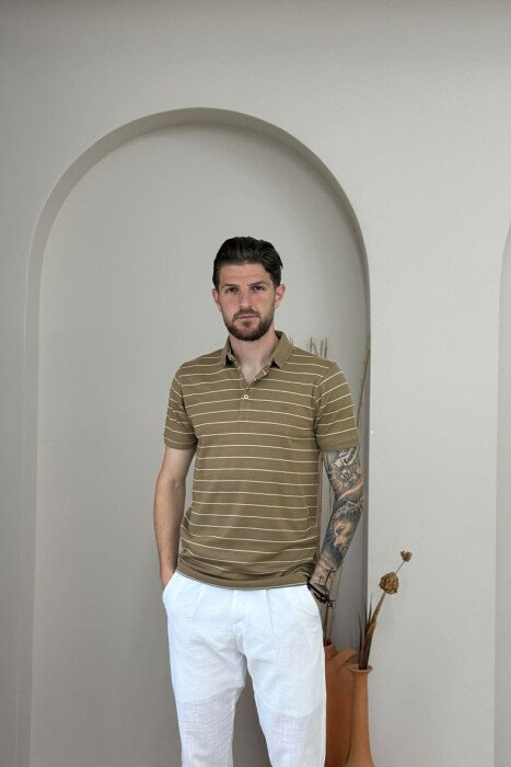 LINES DESIGN POLO NECK MEN T-SHIRT LIGHT BROWN/KAZB 