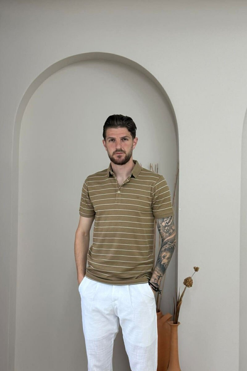 LINES DESIGN POLO NECK MEN T-SHIRT LIGHT BROWN/KAZB - 1